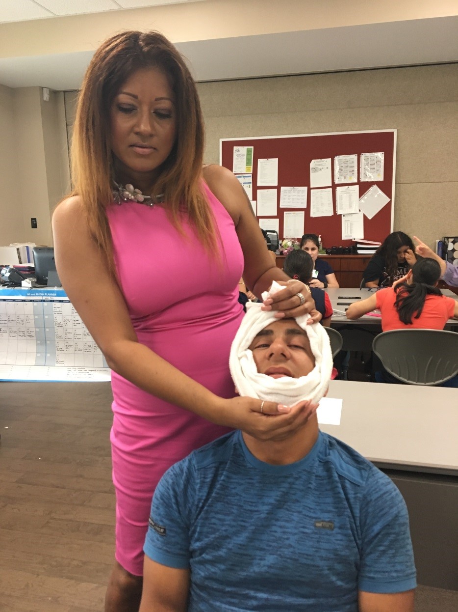 Pre-Employment Transition student Adriel Afanador participating in a shaving activity led by the Art of Shaving