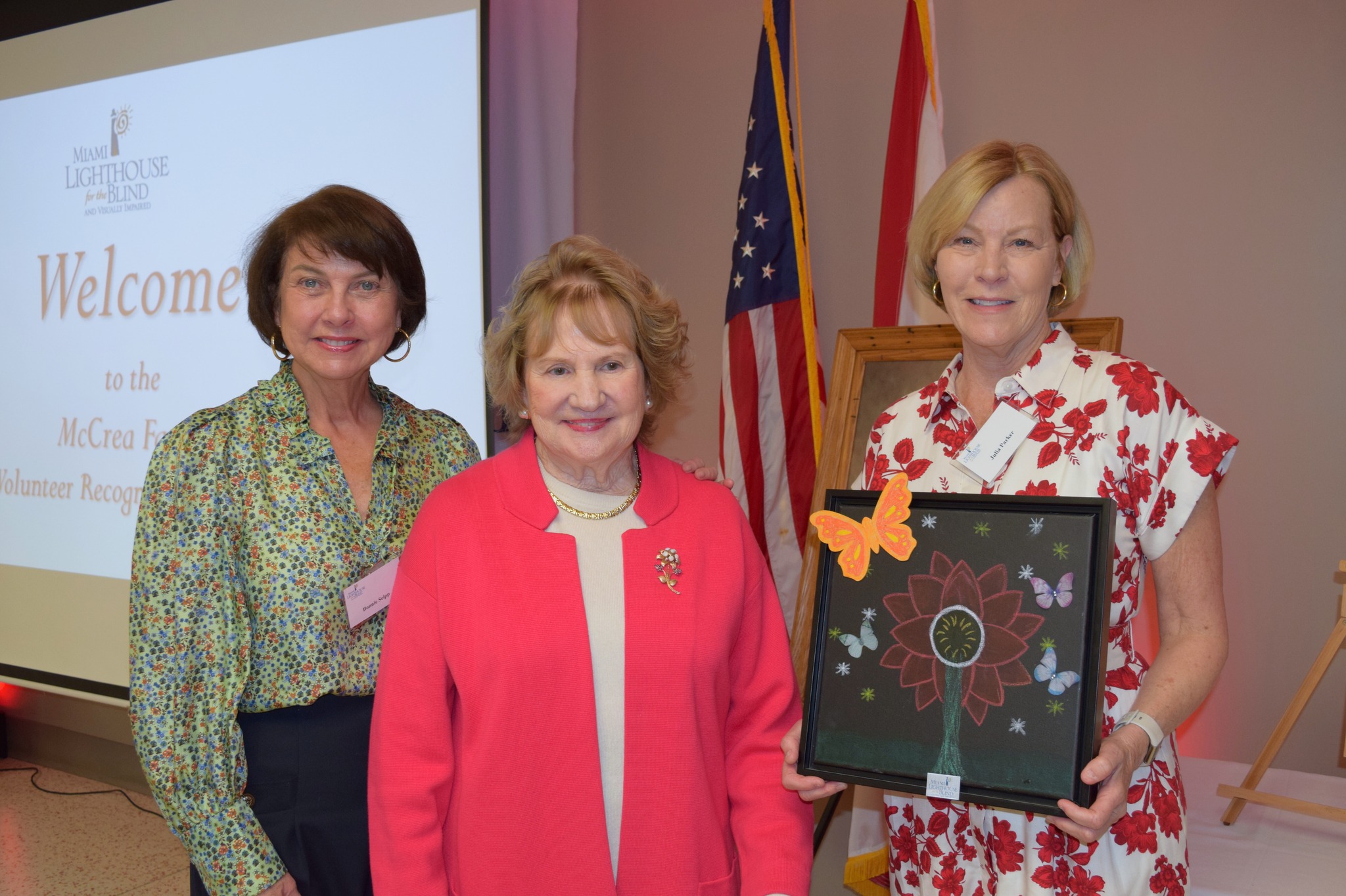 Honorees Julia Parker of the Delta Gamma Alumnae Group and Bonnie Seipp of the Delta Gamma Beta Tau Chapter at the University of Miami are recognized for their chapter's longstanding commitment to Miami Lighthouse.