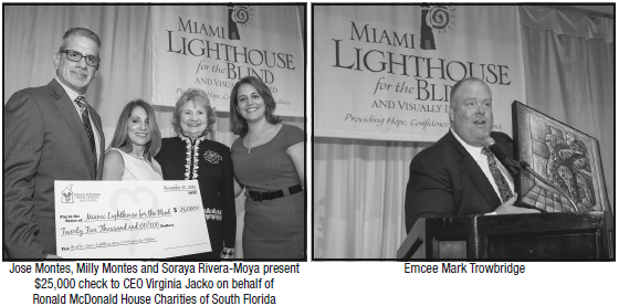 Left: Jose Montes, Milly Montes and Soraya Rivera-Moya present $25,000 check to CEO Virginia Jacko on behalf of Ronald McDonald House Charities of South Florida; Right: Emcee Mark Trowbridge