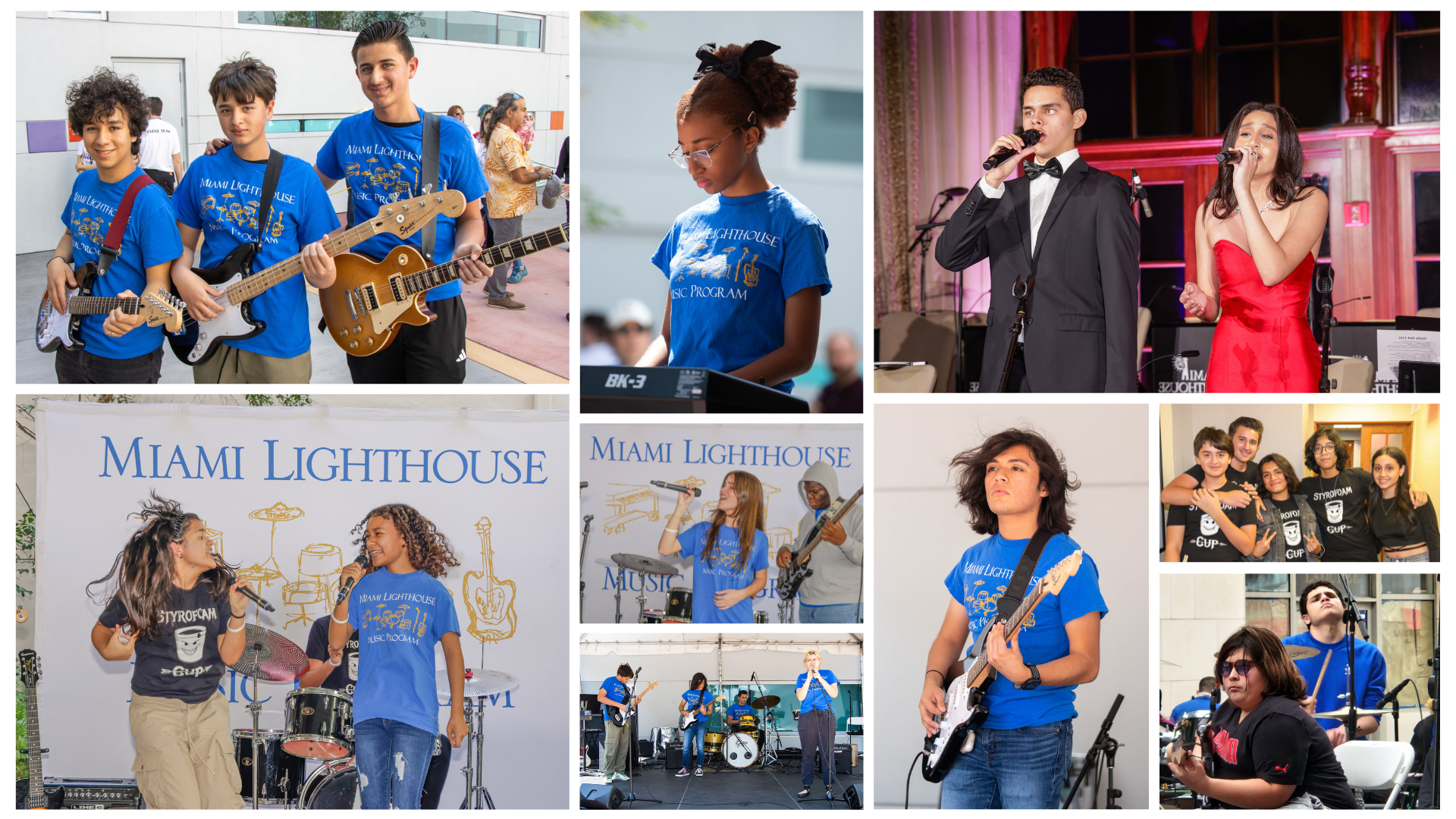 Digital flyer with images of Miami Lighthouse Youth Music Program participants performing live, logos such as the Miami Lighthouse for the Blind and the Children's Trust